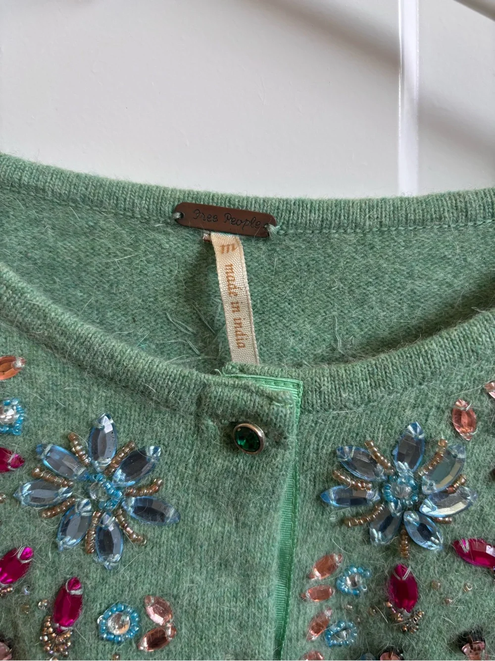 Free People Green Embellished Crewneck Cardigan